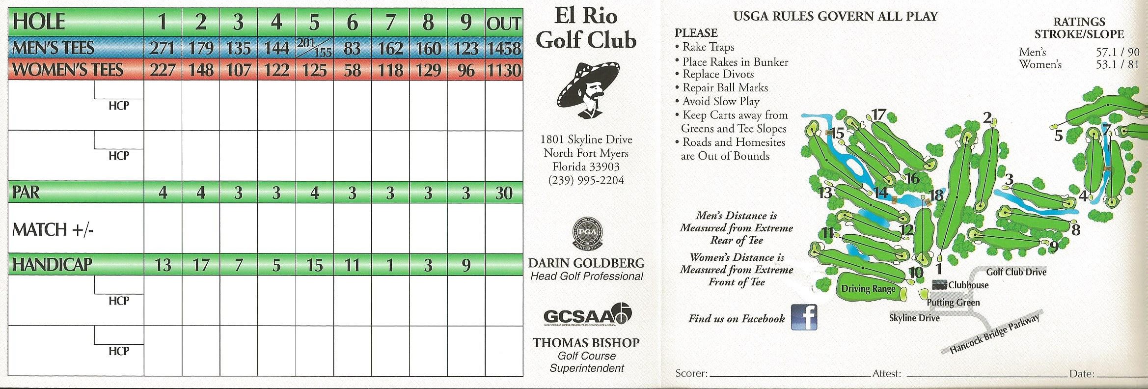 Scorecard - El Rio Golf Club.